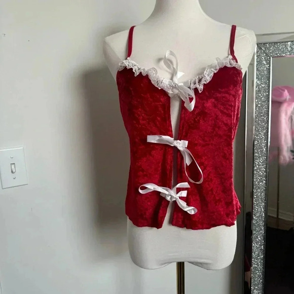 Y2K vintage Red Velvet Lace Trimmed Camisole with ribbons coquette cottagecore L - Picture 2 of 6